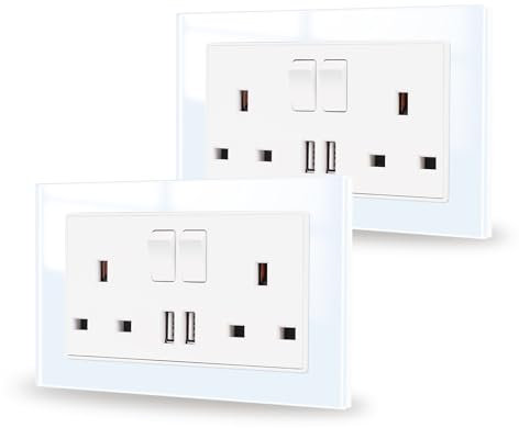 JIMEIDA Double Switched Power Socket White 2 Pack with USB A Charging Ports Crystal Glass Panel Wall Outlet 13 Amp Electric Socket