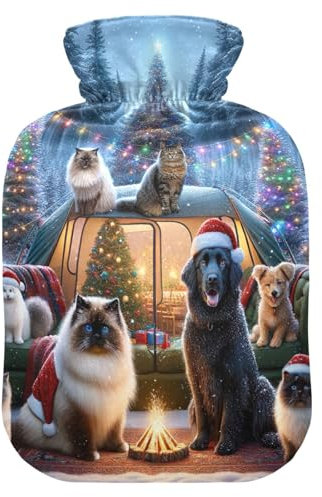 Wärmflasche mit weihnachtlichem Hund und Katzen, mit weichem Samtbezug, Wärmbeutel für Fußbettwärmer, Schmerzlinderung, 1 Liter, Blau