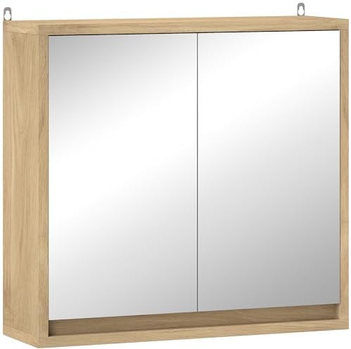 HOMCOM Armoire de salle de bain avec miroir avec 2 portes et étagère réglable Meuble suspendu de salle de bain pour toilettes Style moderne 48 x 14,5 x 45 cm Bois naturel