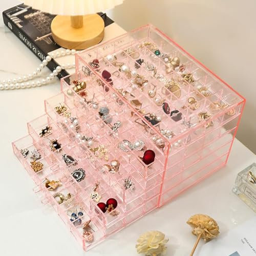 Jinavoty Boîte de rangement pour boucles d'oreilles, boîte de rangement en acrylique, transparente, avec 3 tiroirs, 72 petits compartiments, pour femmes et filles (rose - 5 tiroirs)
