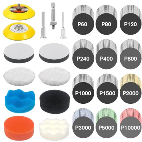 133 Stück Polieraufsatz Akkuschrauber, 3 Zoll Polierpad, 75mm Schleifscheiben Nassschleifpapier, Polierpad Schwämme Set, Auto Scheinwerfer Polier Kit Für Polieren, Schleifen, Wachsen