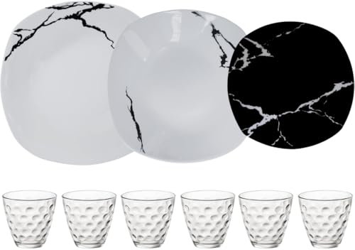 Servizio Piatti 25 Pezzi Per 6 Persone Con Bicchieri e Insalatiera | Resistente Porcellana Bianca e Nera Design Moderno Marmorizzato Elegante Raffinato | Uso Quotidiano, Per Lavastoviglie e Microonde