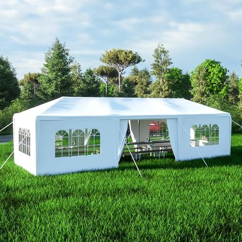 Großer Pavillon, 9 x 3 m, Partyzelt für den Außenbereich, mit 8 Seitenwänden und Fenstern, wasserdicht, Terrassenüberdachung für Garten, Hochzeit, Party, Sonnen- und Regenschutz (weiß)