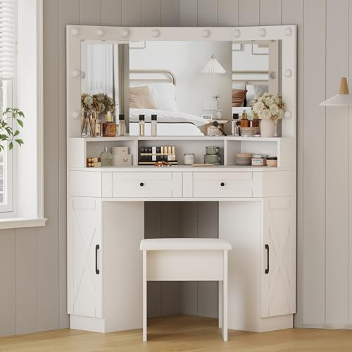 BSTSEL Corner Dressing Table with Mirror and Stool 3 Adjustable LED Lights Vanity Desk 3 Compartments, 2 Drawers Cabinets, Large Storage Makeup Desk for Bedroom (Vacuum Forming Finish with Bulbs)