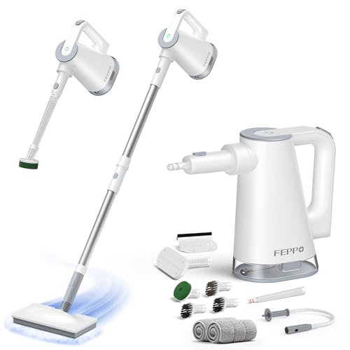 FEPPO Limpiador de mopa de vapor con vaporizador de mano desmontable para limpieza de suelos, incluye accesorios multiusos y almohadillas de microfibra lavables