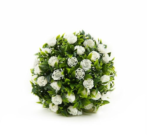 Künstliche Blumenkugeln, 20 cm, künstliche Formschnitt-Kugeln, Buchsbaumkugeln mit weißen Blumen, runde künstliche Buchsbaum-Formschnittpflanzen, für drinnen und draußen, zum Aufhängen, dekorativ