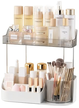 Corkovia Make-up Organizer 2 Ebenen, 360°-Drehbarer Schminktisch Skincare Organizer, Multifunktionale Kosmetik Aufbewahrung für Schminktisch, Schreibtisch und Badezimmer Weiß