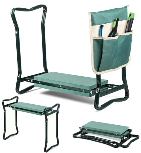 VOUNOT® 2in1 Kniebank für Gartenarbeit, Gartenhocker klappbar mit Eva Sitzkissen & Werkzeugtasche, zum Knien und Sitzen, bis 150 kg, Grün
