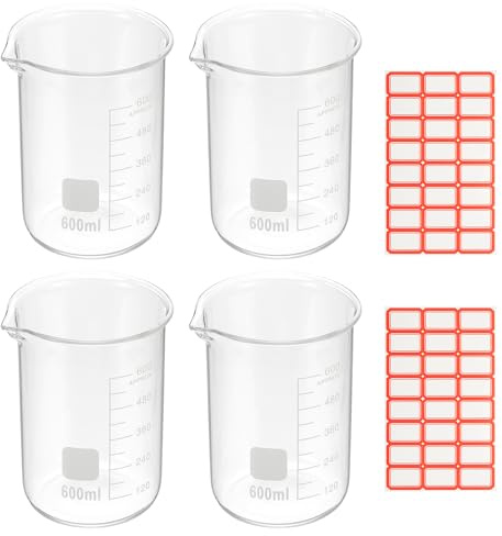 PATIKIL 600ml Glass Beaker, 4 Pack Measuring Glass Beaker Graduated Borosilicate Lab Cups Mug Low Form Heat Safe Transparent with Spout Label for Laboratory Science Kitchen Liquids