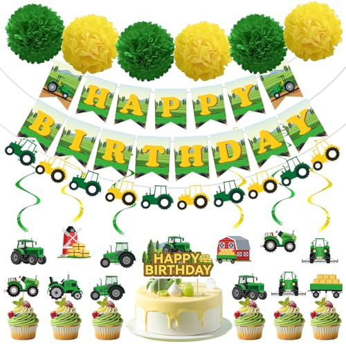 Rdlobu Geburtstag Deko Traktor Set, 34 Stück für Jungen und Mädchen | Traktor Geburtstagsdekorationen, Happy Birthday Banner, Swirl Hängedeko, Traktor Tortendeko, Bauernhof Geburtstag Deko