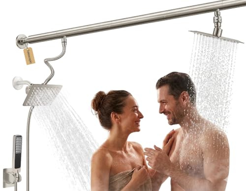 Tandem Dual Shower Head System for Couples – High Pressure Adjustable Double Showerheads with 6-Setting Diverter, 41-75 Telescopic Rod, Tool-Free DIY Install, Brushed Nickel