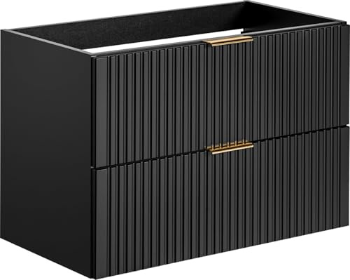 WFL GROUP Waschbeckenunterschrank 80 cm Wandhängend mit Rillenfronten – Soft-Close Schubladen und 3 Griffsets in Gold, Chrom & Schwarz – Geriffelter Waschtischunterschrank in Schwarz