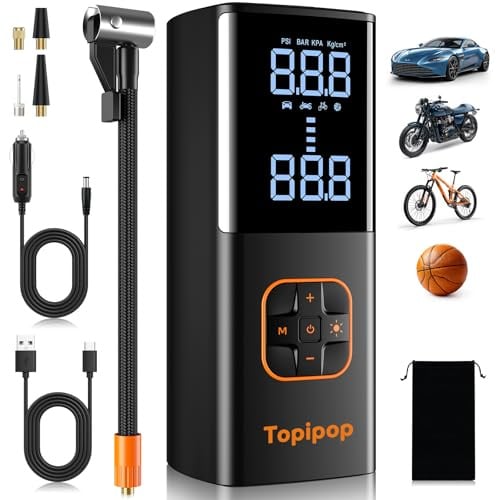 Topipop Elektrische Luftpumpe, 150 PSI Akku Kompressor für Auto/Fahrrad/E-Scooter/Motorrad/Bälle, Tragbare elektrische Fahrradpumpe mit 4 Modi, Inkl. Powerbank und Notlicht(Schwarz)