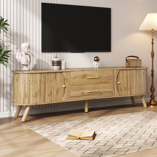 180Cm TV-Schrank Für 80-Zoll, Lowboard TV Board, TV-Konsole Mit 3 Schränke Und 1 Schublade, Fernsehtisch Mit 5 Stützbeinen, Naturholz,S