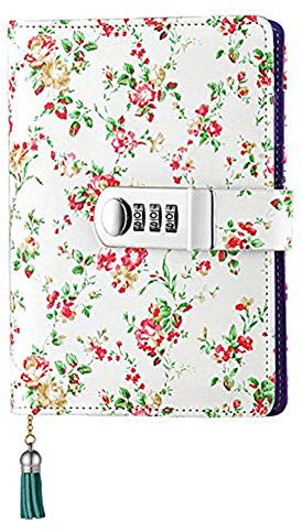 JunShop Floral Password Diary with Lock A6 Refillable Locking Journal PU Leather Combination Lock Journal Diary (Red)