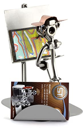 Steelman24 I Schraubenmännchen Maler Mit Visitenkartenhalter Mit Persönlicher Gravur I Made in Germany I Handarbeit I Geschenkidee I Stahlfigur I Metallfigur
