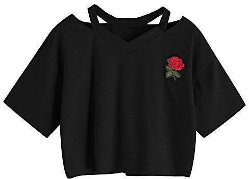 Oberteile Frauen Sommer, Ulanda Teenager Mädchen Mode Crop Top Sport V-Ausschnitt Shirt Bluse Damen Casual Rose Stickerei Kurzarm T-Shirts Hemd Tops Pullover Sale (Schwarz, S)