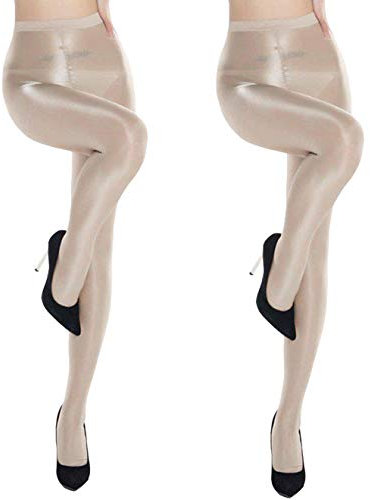 2 Pack Femmes Façonnent Des Chaussettes De Couleur Unie Chaussettes D'huile Shiny Silk 70 Den Stockings Collants De Danse Collants,Beige,Taille unique