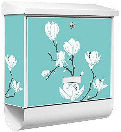 banjado® Burgwächter Briefkasten Weiß 38x39x12cm mit Motiv Magnolien/Briefkasten mit Zeitungsfach/Briefkasten mit Zeitungsrolle/Postkasten inkl. Montagematerial & 2 Schlüsseln