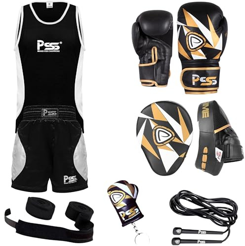 Prime Sports Shop Ultimate Kids boxing 6 pcs set uniform set top & short Boxing gloves Black 1021 Focus Pad Black 1109 Wrap-Rope-key chain Professional accessories kit for sparring sports – 6OZ