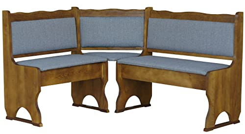 k koma Banco esquinero de madera maciza de pino en color roble con acolchado en gris claro, conjunto de asientos rústicos para cocina y comedor (120 x 160)
