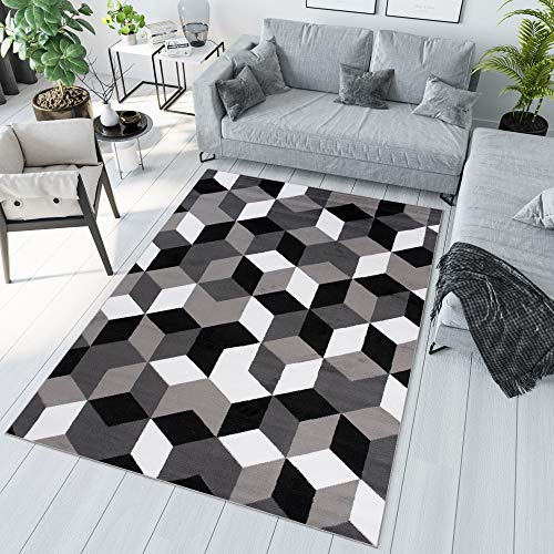 TAPISO Maya Teppich Kurzflor Grau Weiß Geometrisch Gitter 140 x 200 cm | Modern Schwarz Figuren Design Wohnzimmer Schlafzimmer oeko-tex