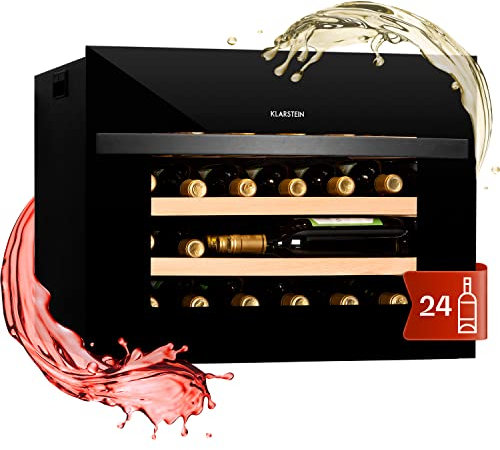 Klarstein Vinoteca para Vinos de 51L Nevera Vino Una Zona, Botellas Vino, Proseco y Cervezas, Vinoteca Pequeña Puerta Cristal para Interior y Exterior, Nevera para Vinos Capacidad 24 Botellas