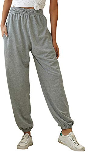 Nuofengkudu Women's Plain Loose Tracksuit Bottoms Breathable Harem Joggers Pants with Pockets Elastic Waist Tapered Leg Sweatpants Running Workout Summer Casual Lounge Wear(Thin-Grey,2XL)
