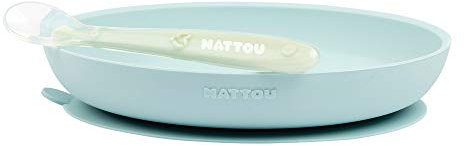 Nattou Vajilla de silicona para niños, Plato antideslizante + Cuchara, sin BPA, Silicona, Azul claro/verde