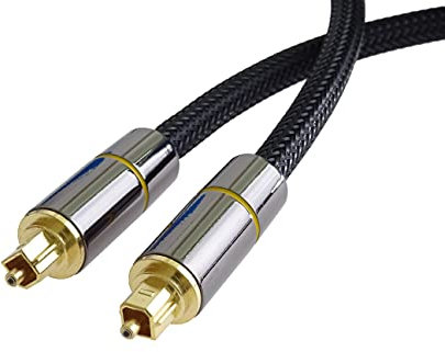 PremiumCord Optisches Audiokabel Toslink 1m, Außendurchmesser: 7mm, Toslink Plug-on-Stecker, digitales Kabel für HiFi-Stereoanlage Soundable TV, HQ Audio, Metall-Design + Nylon, Farbe: schwarz, Gold, 1 m
