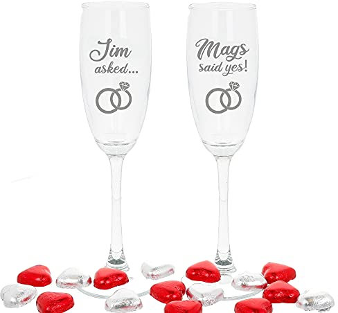 Always Looking Good Personalised Engraved Engagement Set of 2 Champagne Flute Glass Set Asked Said Yes with Names Congratulations on Your Engagement Gift (Filled with Chocolate Hearts)