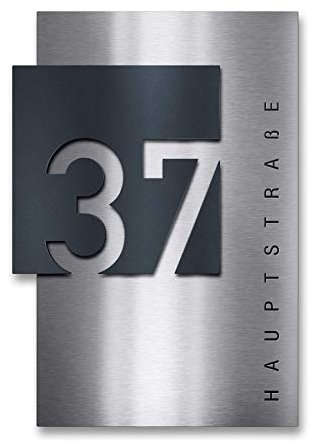 Metzler Hausnummer Edelstahl, individuelles Hausnummernschild in Anthrazit (RAL7016), Straßenschild mit Hausnummer, V2A-Edelstahl, rostfrei, gebürstet, 3D-Effekt, Made in Germany, Maße: 45 x 65 cm