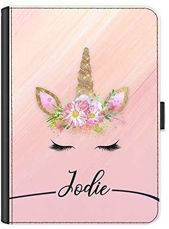 Personalised Initial Ipad Case For All Apple iPad Models 10, 9, 8, 7, 6, Air 11, Pro 12.9,13 inch, Mini, Pink Mable Unicorn with Custom Black Name Line, 360 Swivel Leather Side Flip Wallet Folio Cover