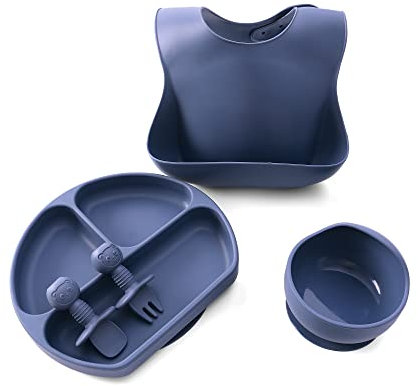 5Pcs Weaning Set, Silicone Feeding Set: Suction Bowl, Spoon & Fork, Divided Plate, Adjustable Bib for Baby, Kids and Toddler (Arctic Blue)