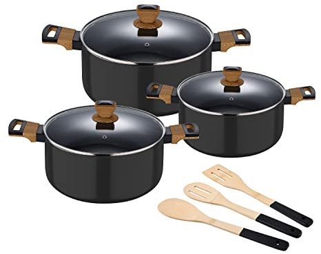 SAN IGNACIO Earth | Juego de Cocina | Batería de Cocina de 9 Piezas con 3 Cacerolas y 3 Utensilios | Fabricadas con Aluminio Prensado | Juego de Cacerolas | Aptas para Todo Tipo de Cocinas