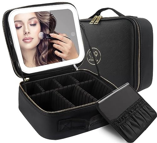 MOMIRA Reise-Makeup Tasche Kosmetiktasche mit beleuchtetem Spiegel, Einstellbarer Helligkeit in 3 Farbszenarien, Geschenk für Frauen - Schwarz