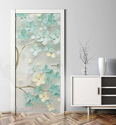 MyMaxxi - Tür bekleben mit Türtapete Türposter Türfolie Selbstklebend 90x200 Abstrakt blühender Baum - Tür verschönern Türaufkleber Türklebefolie Blüten Blumen weiß türkis