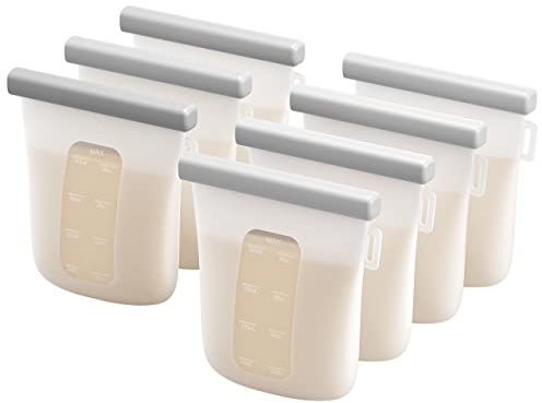 Nuliie 7 Uds Silicona Bolsas Leche Materna Reutilizable, Bolsas Leche Materna Congelar Doblemente a Prueba de Fugas, Sin BPA 8oz/240ml Autoportantes Bolsas Almacenamiento Leche Materna