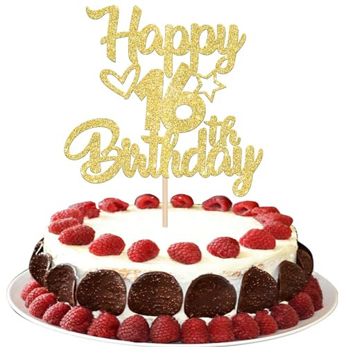 SYKYCTCY 1 Pack Happy 16th Birthday Cake Topper Glitter Heart Star 16 Fabulous Cake Pick Birthday Sign Cake Decorations for Children 16th Birthday Theme Party Supplies Gold
