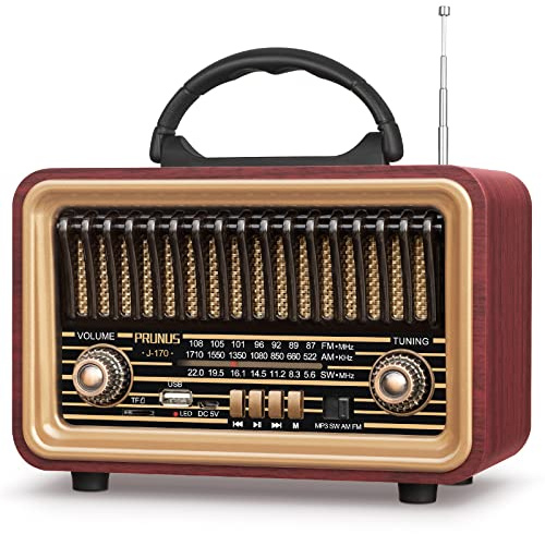 PRUNUS Retro Vintage Radio with Bluetooth Rich Bass Stereo Sound, Radios Portable AM FM Rechargeable Speaker with TWS Pairing, Loud Volume, BT5.0, TF Card & MP3 Player for Home/Party