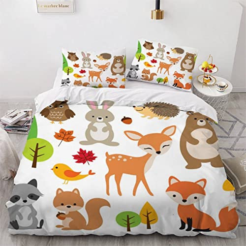 VASENA Bettwäsche Hirsch Hase Igel Bettwäsche 135x200 Kinder Bär Fuchs Eule Bettbezug Set Weich Microfaser Kinderbettwäsche 3 Teilig Mit ReißVerschluss Mit 2 Kissenbezug 80x80 cm