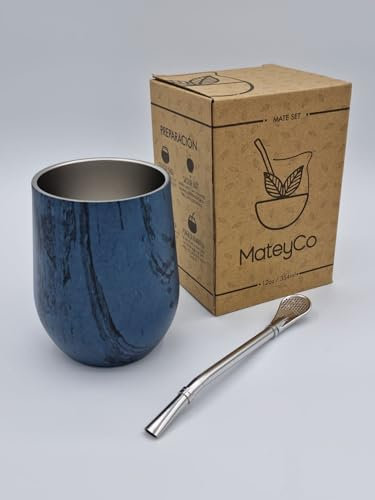 MateyCo Kit de Mate argentino Incluye bombilla, medida 355 ml.- con doble pared de acero inoxidable (Azul Oscuro)