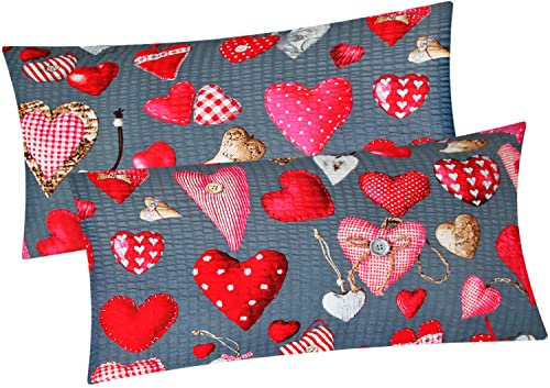 Seersucker Kissenbezug - 2er Set in 40x80cm - Herzen, Landhaus, Love, Liebe - Kopfkissen-Bezug, Kissenhülle, Doppelpack - 100% Baumwolle (BS-Valentin)