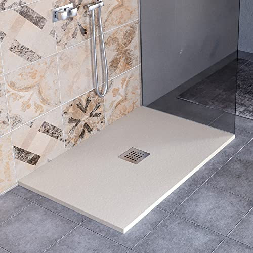 Luminosa ArredoBagno Duschwanne aus Kunstharz, 100 x 120 cm, Modell Florenz, Steinoptik, rutschfest, mit Gelcoat, hergestellt in Italien, mit Ablaufgarnitur – Farbe Creme
