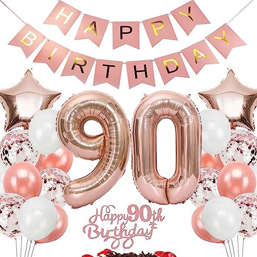 Feelairy Geburtstagsdeko 90 Jahre Frauen, Rosegold Luftballon 90. Geburtstag Deko Frau, Tortendeko Happy 90th Birthday Deko 90 Jahre Frauen, Ballon 90. Geburtstag Frau Party Dekoration Set
