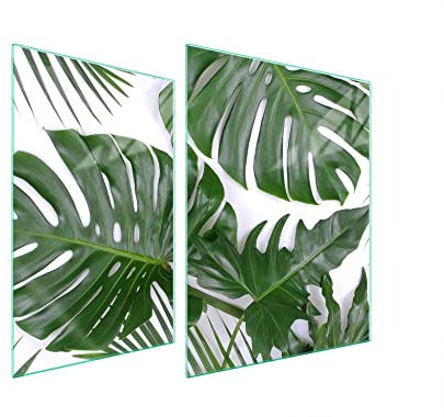 DarHaus Herdabdeckplatten 70x52 Tweiteilig Glas Elektroherd Induktion Herdschutz Spritzschutz Glasplatte Deko Schneidebrett, Monstera Laub