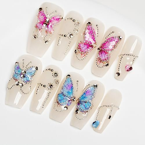 Sun&Beam Nails Handgefertigte Kunstnägel Mittel Lang Sargform Ballerina Nägel zum Aufkleben in Weiß Blau Rosa Handgemalt Perlen Strass Design mit Klebepads 10 Stück (#090 L)