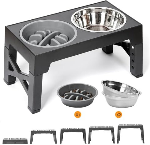Gamelles Chiens Surelevées Réglables avec 2 Bols et Gamelle Anti Glouton, Porte Gamelle Chien Surelevee 5 Hauteur, Support Gamelle Chien Antidérapant pour Chien de Taille Moyenne Grand(Gris)