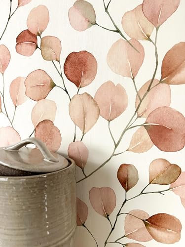 NEWROOM Tapete Rot Vliestapete Eukalyptus - Mustertapete Floral Rose Weiß Blätter Pflanzen Eukalyptusblätter Romantisch Blättermuster Aquarell inkl. Tapezier-Ratgeber