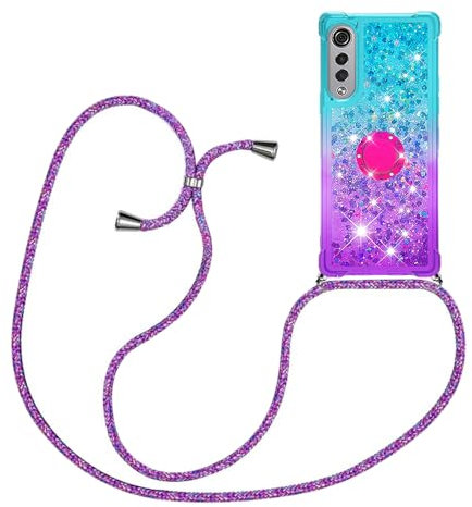 YAMCCCSE für LG Velvet 5G/4G Hülle mit Band, Mädchen Glitzer Handykette Handyhülle 360 Grad Ring Cover Flüssigkeit Clear Schutzhülle für LG Velvet 5G/4G,Blau + Lila